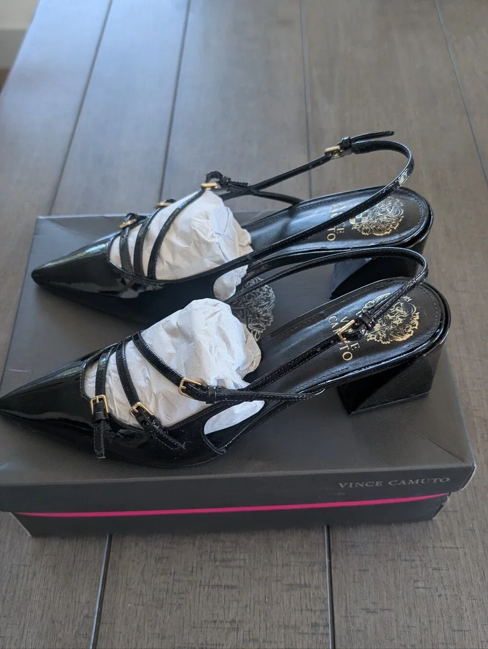 Vince Camuto Black Patent Pointed Slingback Pumps with Sculpted Block Heel